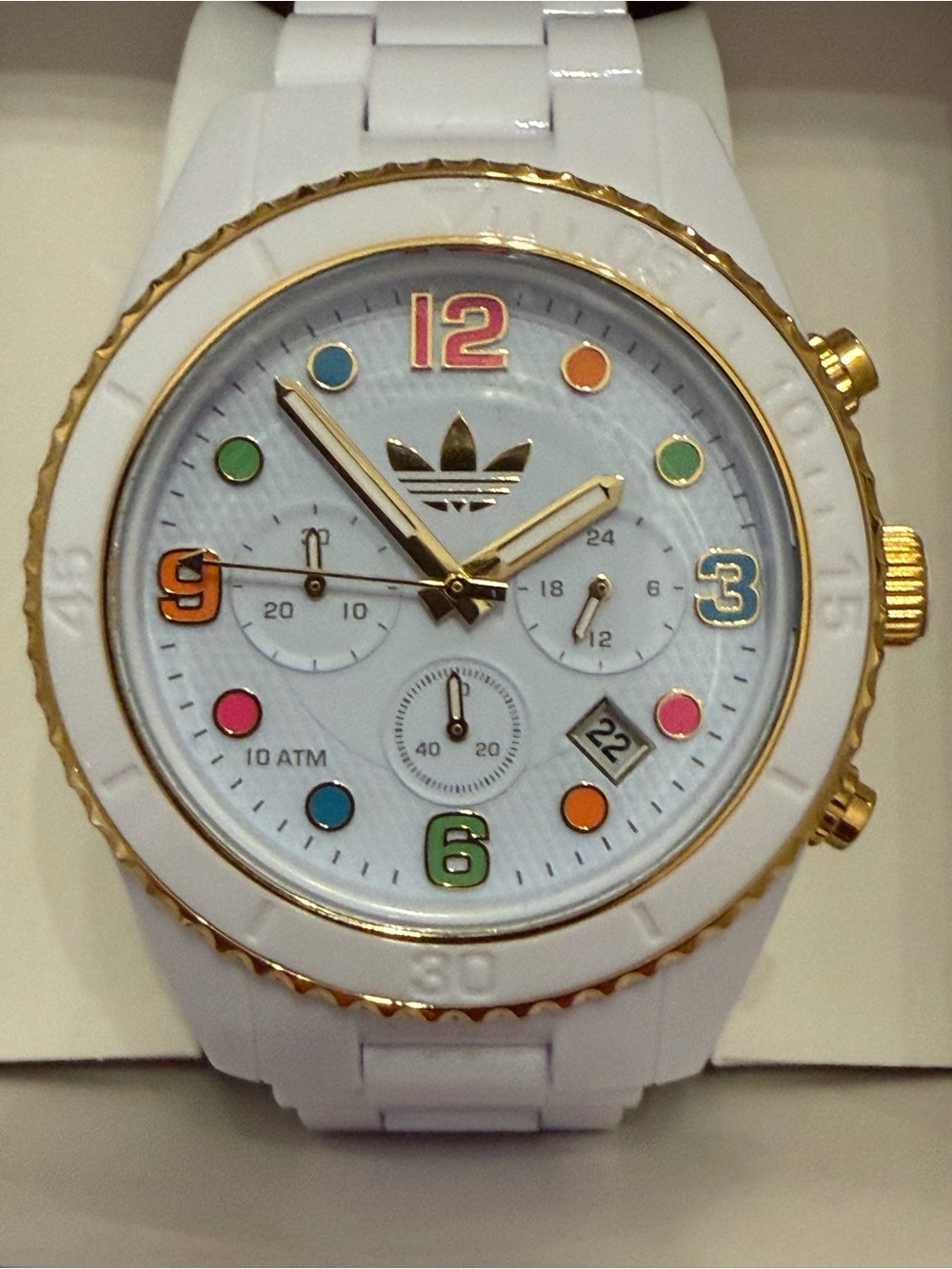 ADIDAS White Sport Watch with Gold Trim and Multi-Color Markers ADH2945